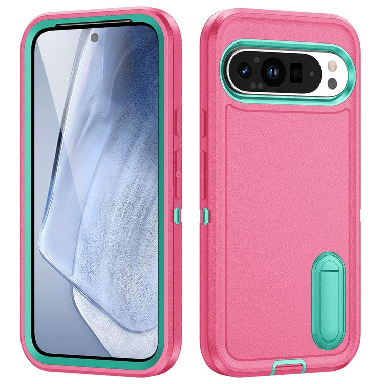For Google Pixel 9 Pro / Pixel 9 Case Kickstand Phone Cover PC+Silicone+EVA 3-in-1 Design - Rose+Light Cyan