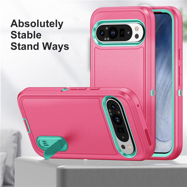 For Google Pixel 9 Pro / Pixel 9 Case Kickstand Phone Cover PC+Silicone+EVA 3-in-1 Design - Rose+Light Cyan