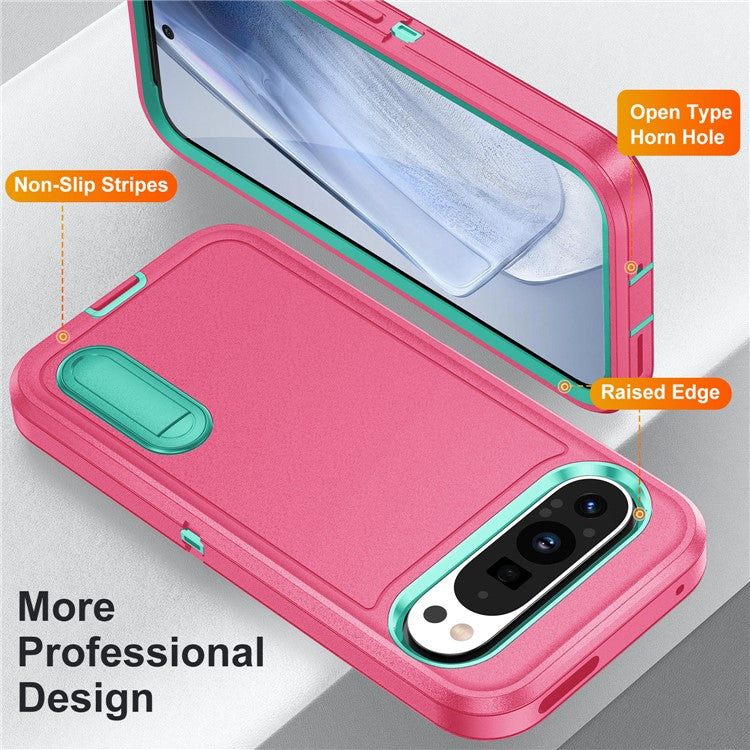 For Google Pixel 9 Pro / Pixel 9 Case Kickstand Phone Cover PC+Silicone+EVA 3-in-1 Design - Rose+Light Cyan