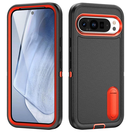 For Google Pixel 9 Pro / Pixel 9 Case Kickstand Phone Cover PC+Silicone+EVA 3-in-1 Design - Black+Orange