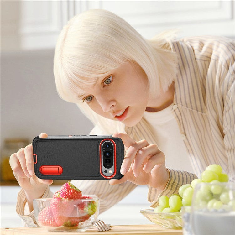 For Google Pixel 9 Pro / Pixel 9 Case Kickstand Phone Cover PC+Silicone+EVA 3-in-1 Design - Black+Orange