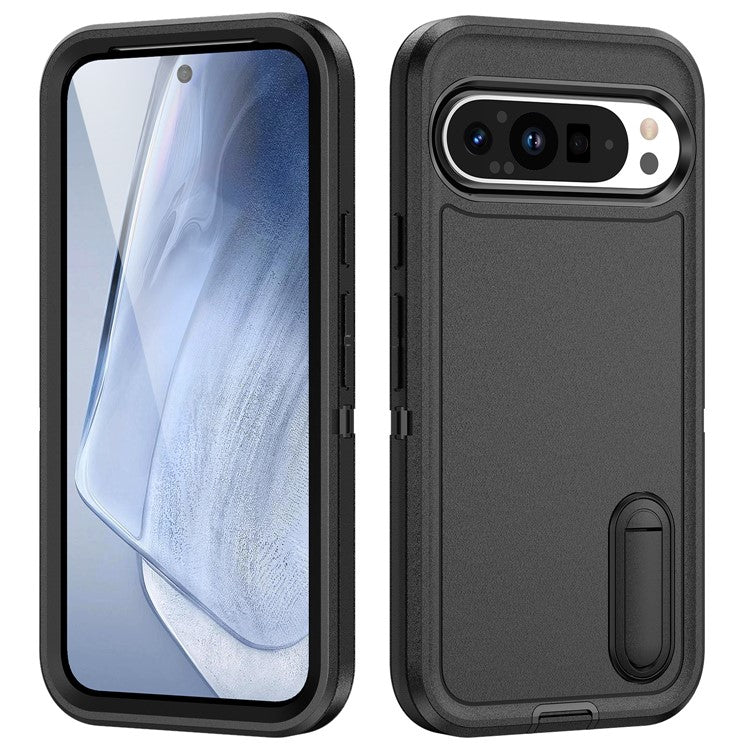 For Google Pixel 9 Pro / Pixel 9 Case Kickstand Phone Cover PC+Silicone+EVA 3-in-1 Design - Black+Black