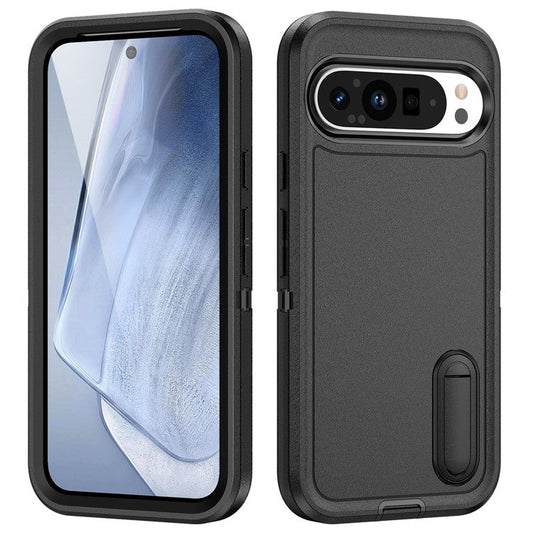 For Google Pixel 9 Pro / Pixel 9 Case Kickstand Phone Cover PC+Silicone+EVA 3-in-1 Design - Black+Black