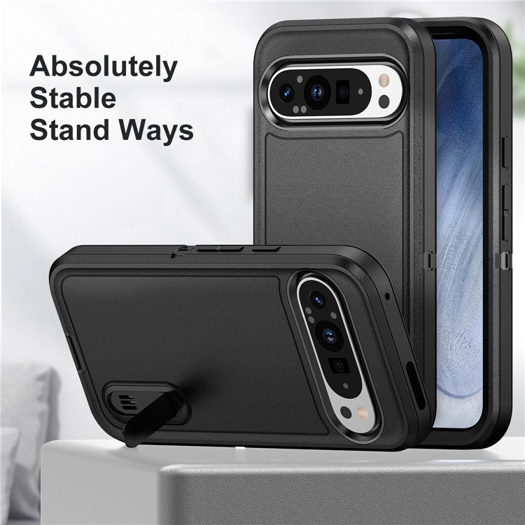For Google Pixel 9 Pro / Pixel 9 Case Kickstand Phone Cover PC+Silicone+EVA 3-in-1 Design - Black+Black