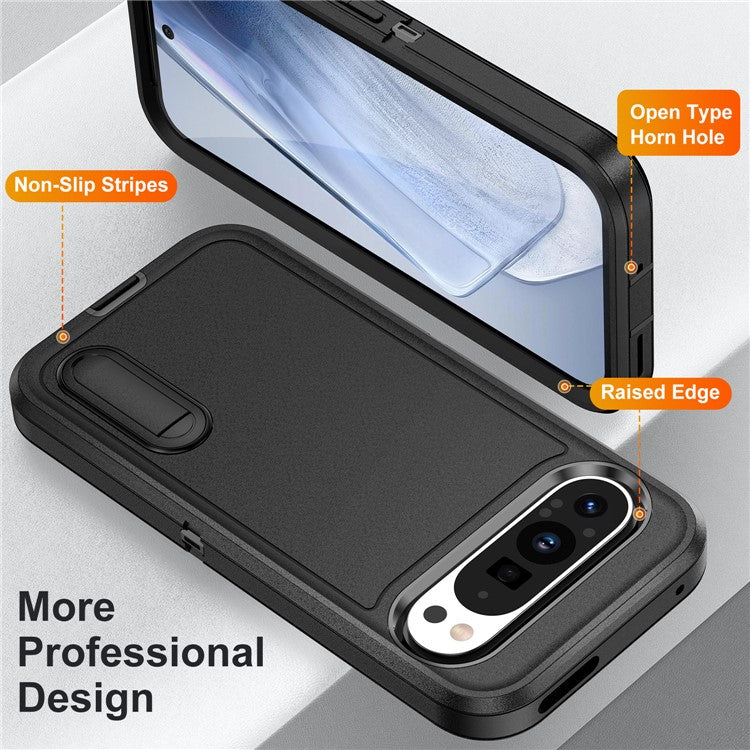 For Google Pixel 9 Pro / Pixel 9 Case Kickstand Phone Cover PC+Silicone+EVA 3-in-1 Design - Black+Black