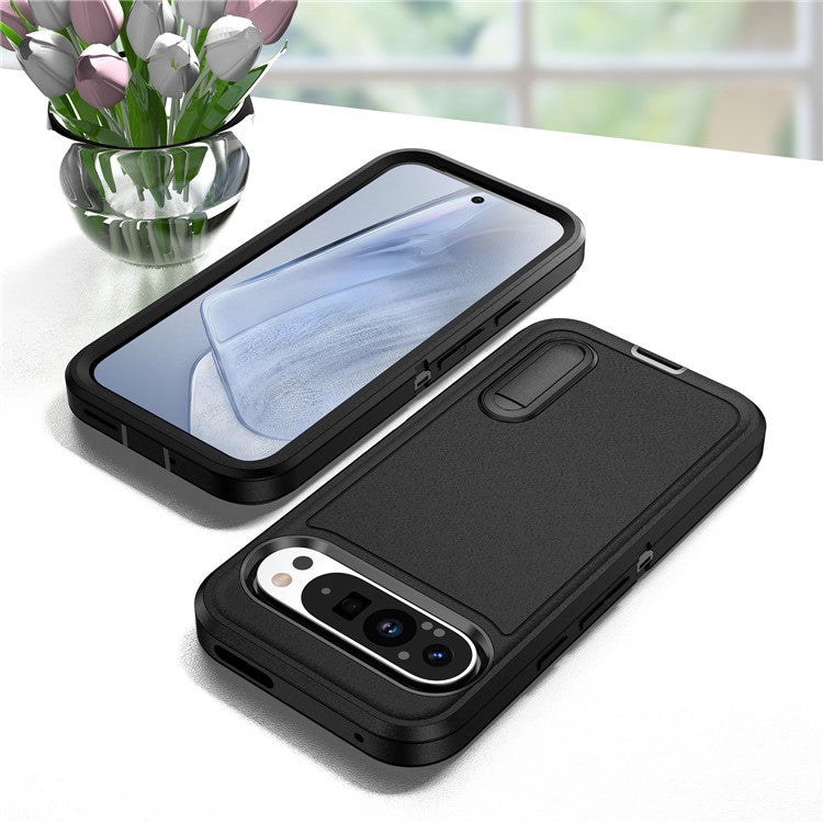 For Google Pixel 9 Pro / Pixel 9 Case Kickstand Phone Cover PC+Silicone+EVA 3-in-1 Design - Black+Black
