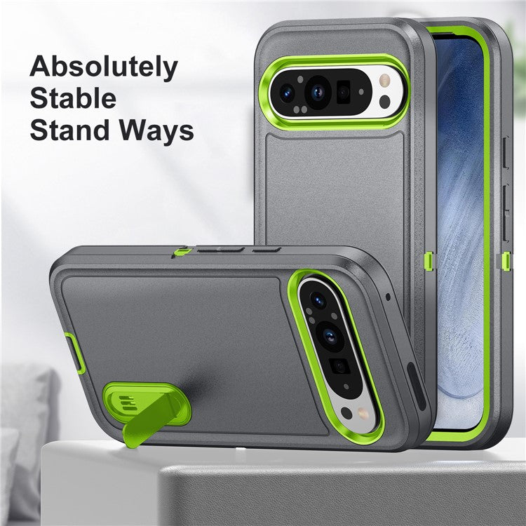 For Google Pixel 9 Pro / Pixel 9 Case Kickstand Phone Cover PC+Silicone+EVA 3-in-1 Design - Grey+Green