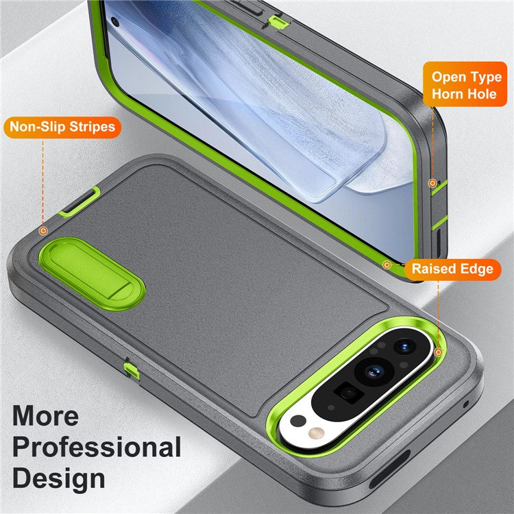 For Google Pixel 9 Pro / Pixel 9 Case Kickstand Phone Cover PC+Silicone+EVA 3-in-1 Design - Grey+Green