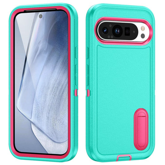 For Google Pixel 9 Pro / Pixel 9 Case Kickstand Phone Cover PC+Silicone+EVA 3-in-1 Design - Light Cyan+Rose