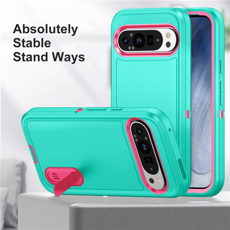 For Google Pixel 9 Pro / Pixel 9 Case Kickstand Phone Cover PC+Silicone+EVA 3-in-1 Design - Light Cyan+Rose
