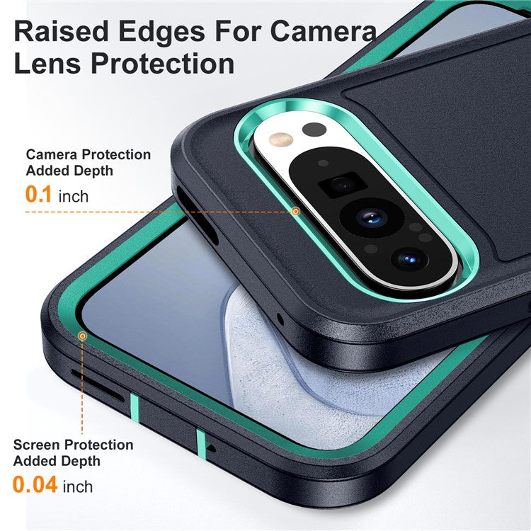 For Google Pixel 9 Pro / Pixel 9 Case Kickstand Phone Cover PC+Silicone+EVA 3-in-1 Design - Dark Blue+Light Cyan