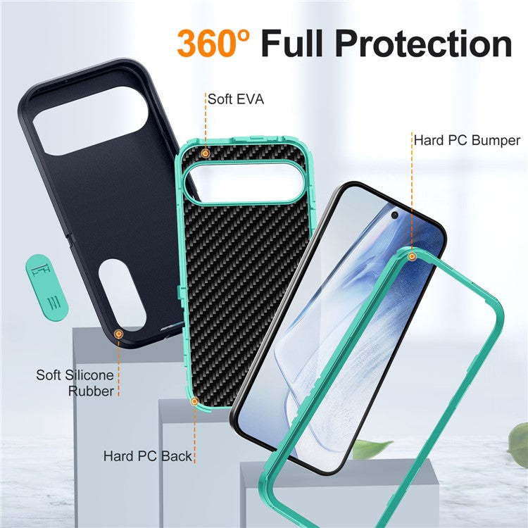 For Google Pixel 9 Pro / Pixel 9 Case Kickstand Phone Cover PC+Silicone+EVA 3-in-1 Design - Dark Blue+Light Cyan