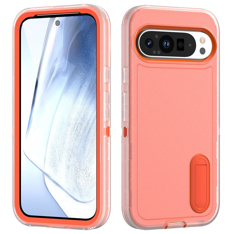 For Google Pixel 9 Pro / Pixel 9 Case Kickstand Phone Cover PC+Silicone+EVA 3-in-1 Design - Transparent+Orange