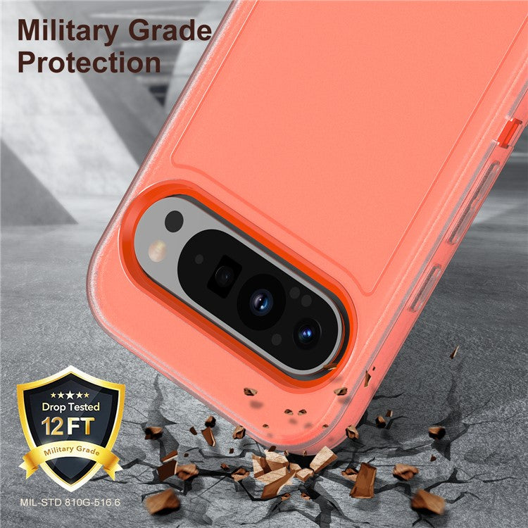For Google Pixel 9 Pro / Pixel 9 Case Kickstand Phone Cover PC+Silicone+EVA 3-in-1 Design - Transparent+Orange