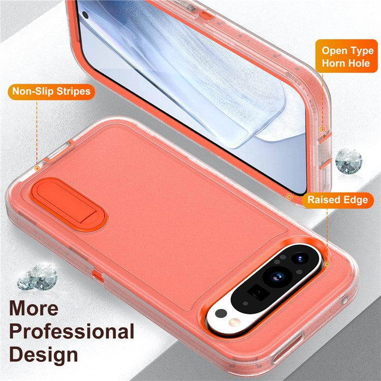 For Google Pixel 9 Pro / Pixel 9 Case Kickstand Phone Cover PC+Silicone+EVA 3-in-1 Design - Transparent+Orange