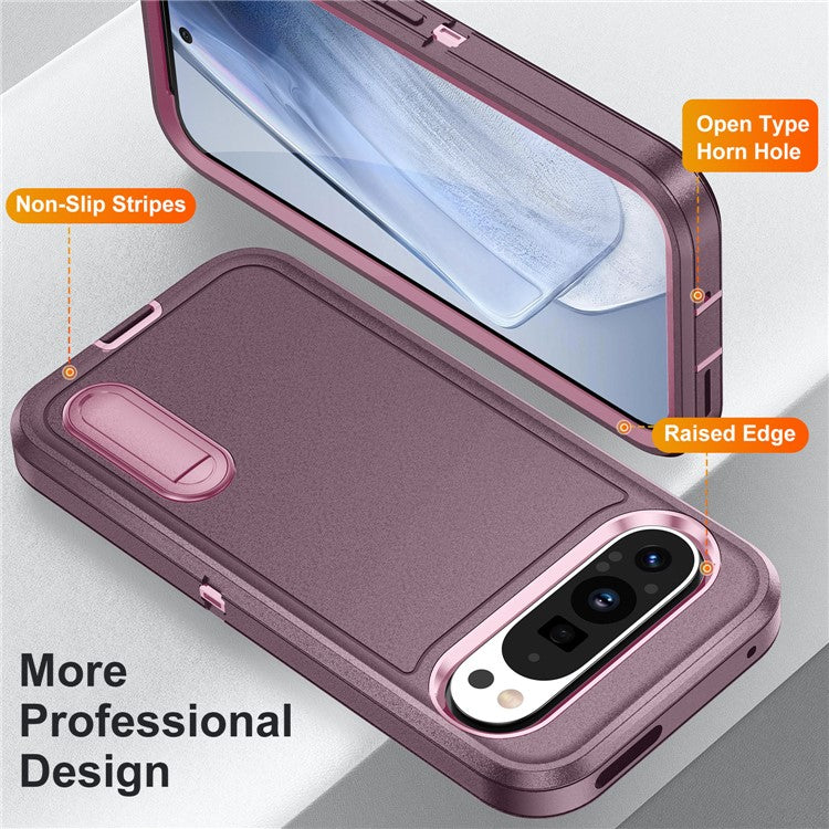 For Google Pixel 9 Pro / Pixel 9 Case Kickstand Phone Cover PC+Silicone+EVA 3-in-1 Design - Purple+Pink