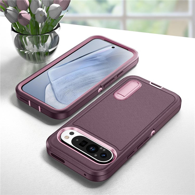 For Google Pixel 9 Pro / Pixel 9 Case Kickstand Phone Cover PC+Silicone+EVA 3-in-1 Design - Purple+Pink