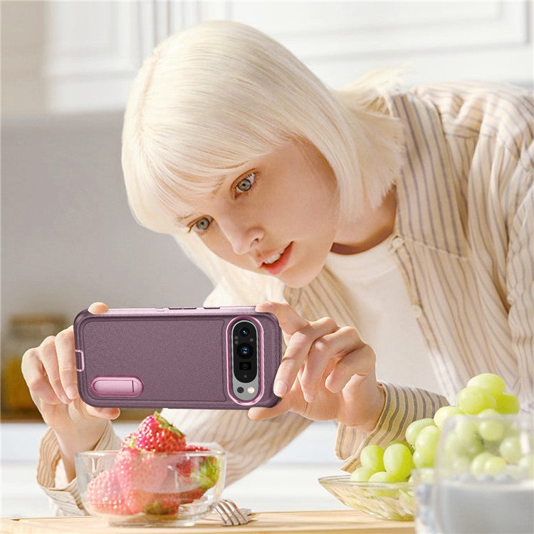 For Google Pixel 9 Pro / Pixel 9 Case Kickstand Phone Cover PC+Silicone+EVA 3-in-1 Design - Purple+Pink