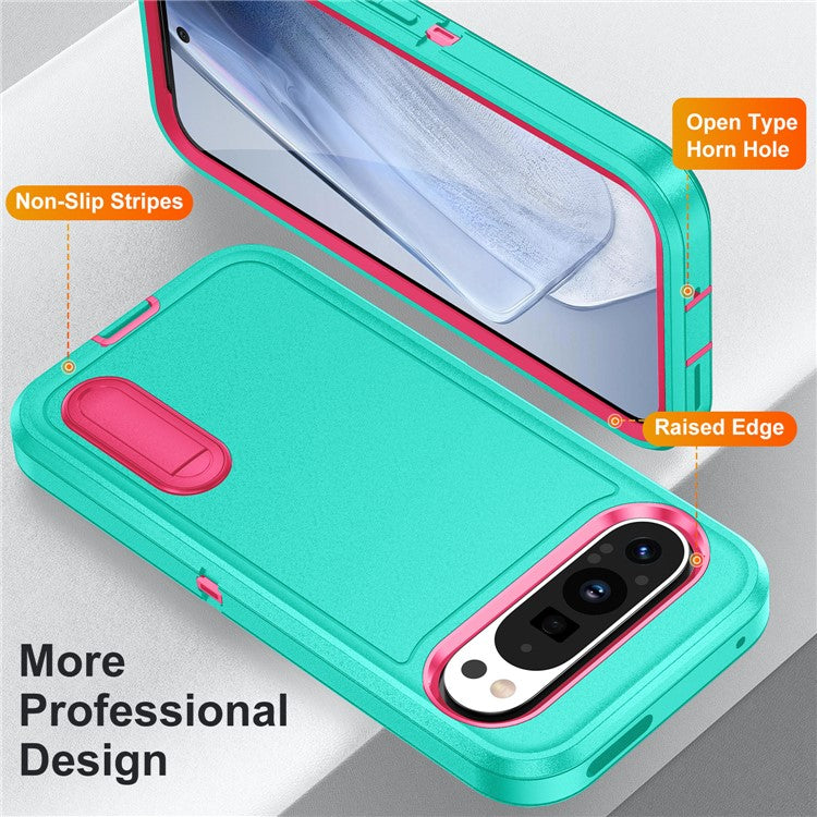 For Google Pixel 9 Pro XL Case Kickstand Phone Cover PC+Silicone+EVA 3-in-1 Design - Light Cyan+Rose
