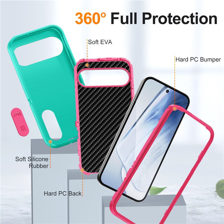 For Google Pixel 9 Pro XL Case Kickstand Phone Cover PC+Silicone+EVA 3-in-1 Design - Light Cyan+Rose