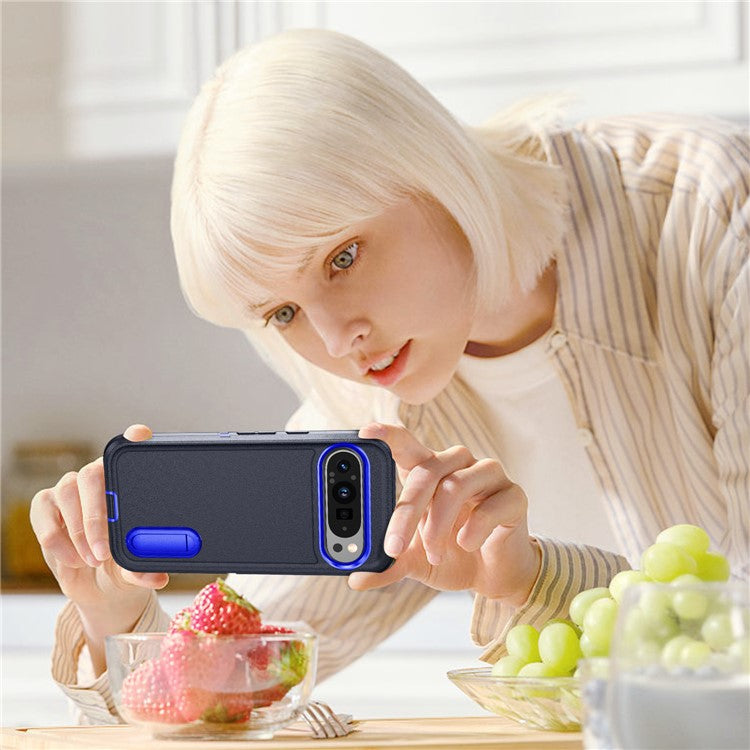 For Google Pixel 9 Pro XL Case Kickstand Phone Cover PC+Silicone+EVA 3-in-1 Design - Dark Blue+Sapphire