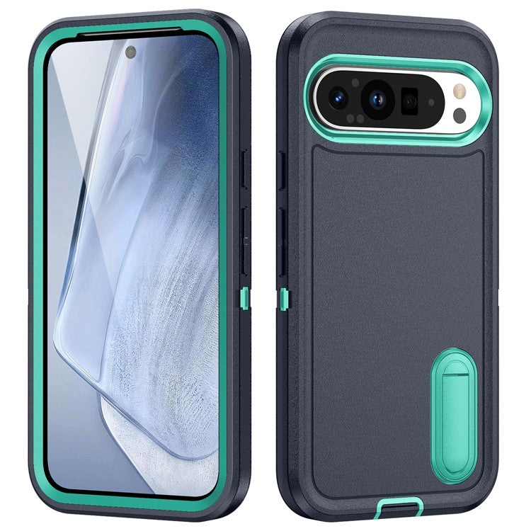 For Google Pixel 9 Pro XL Case Kickstand Phone Cover PC+Silicone+EVA 3-in-1 Design - Dark Blue+Light Cyan
