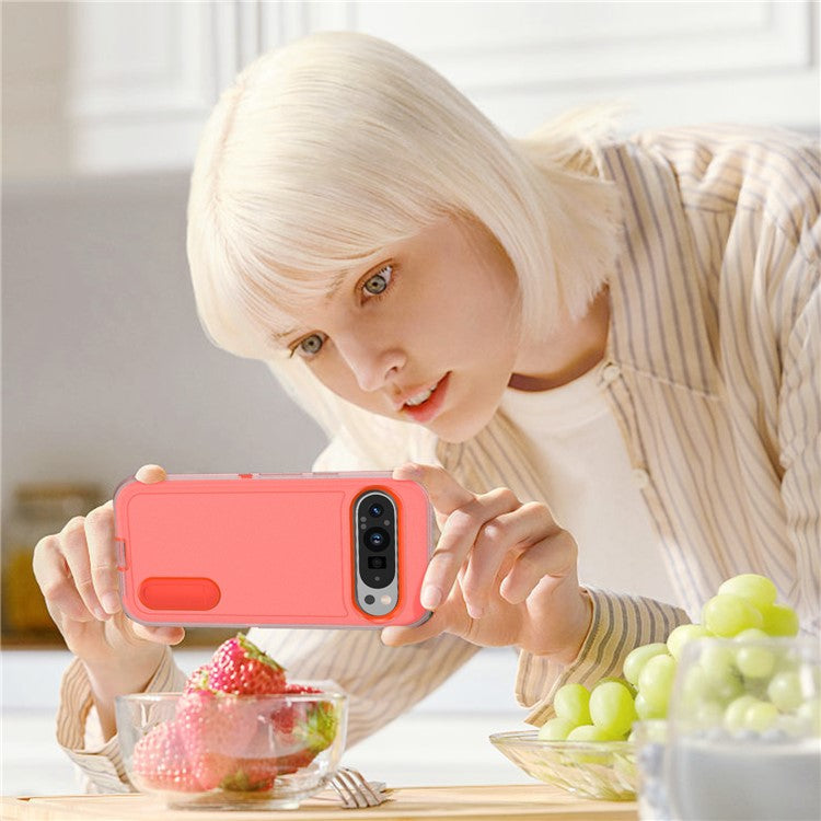 For Google Pixel 9 Pro XL Case Kickstand Phone Cover PC+Silicone+EVA 3-in-1 Design - Transparent+Orange