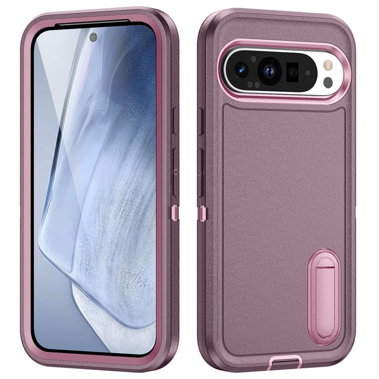 For Google Pixel 9 Pro XL Case Kickstand Phone Cover PC+Silicone+EVA 3-in-1 Design - Purple+Pink