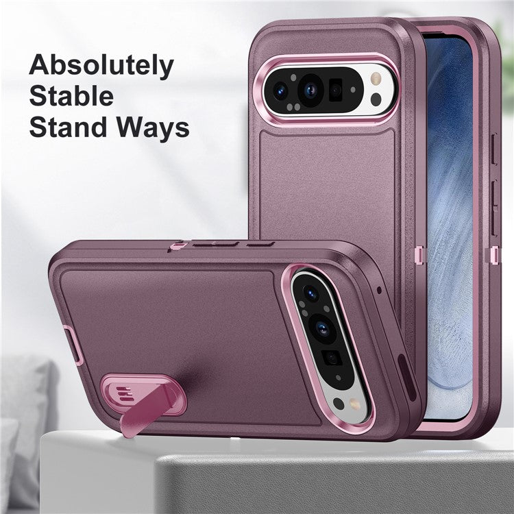 For Google Pixel 9 Pro XL Case Kickstand Phone Cover PC+Silicone+EVA 3-in-1 Design - Purple+Pink