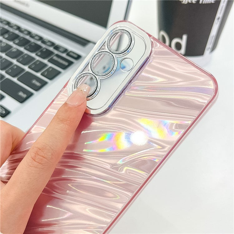 For Samsung Galaxy S24+ Case IMD Design Shockproof PC+TPU Phone Cover with Glass Lens Film - Ripple Pattern / Silver