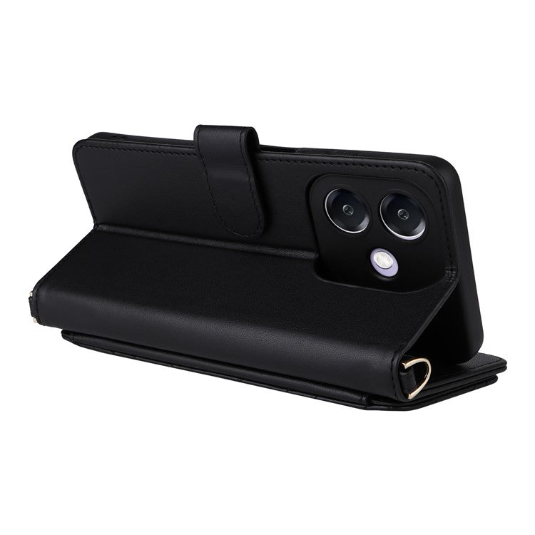 Wallet Phone Case for Oppo A3x 4G / 5G (India) / A3 4G / 5G / A40 4G / A40M 4G / A60 5G / A3i 5G Leather Cover with Shoulder Strap - Black