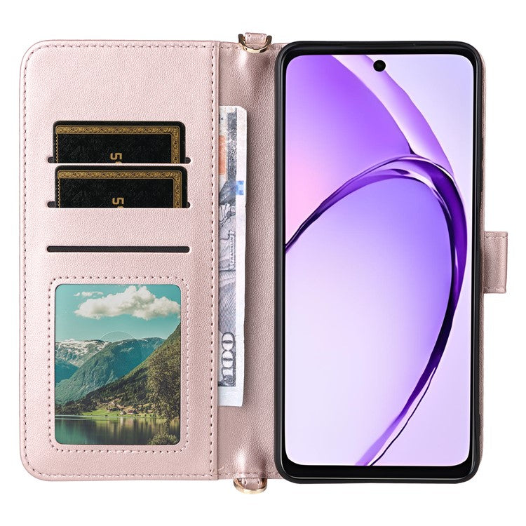 Wallet Phone Case for Oppo A3x 4G / 5G (India) / A3 4G / 5G / A40 4G / A40M 4G / A60 5G / A3i 5G Leather Cover with Shoulder Strap - Pink