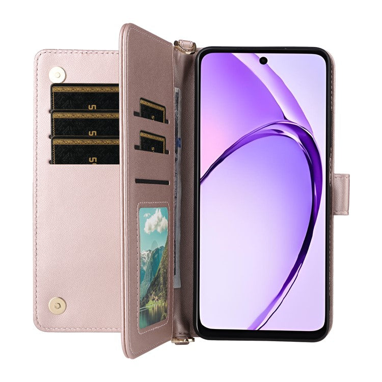 Wallet Phone Case for Oppo A3x 4G / 5G (India) / A3 4G / 5G / A40 4G / A40M 4G / A60 5G / A3i 5G Leather Cover with Shoulder Strap - Pink