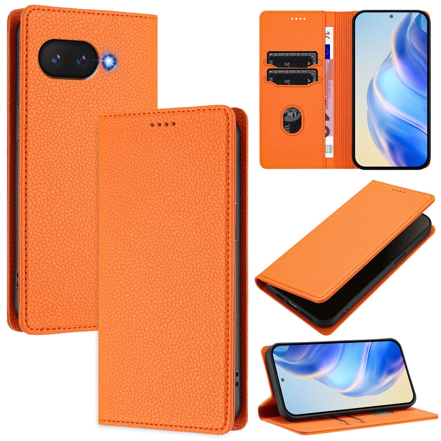 For Google Pixel 9a Wallet Case RFID Blocking Litchi Texture Leather Mobile Cover - Orange