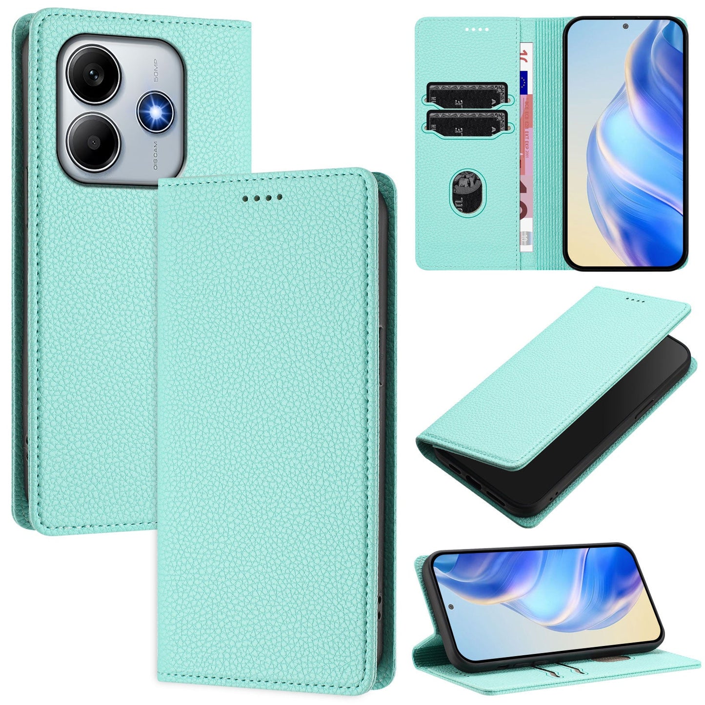 For Xiaomi Redmi Note 14 5G Wallet Case RFID Blocking Litchi Texture Leather Mobile Cover - Mint Green