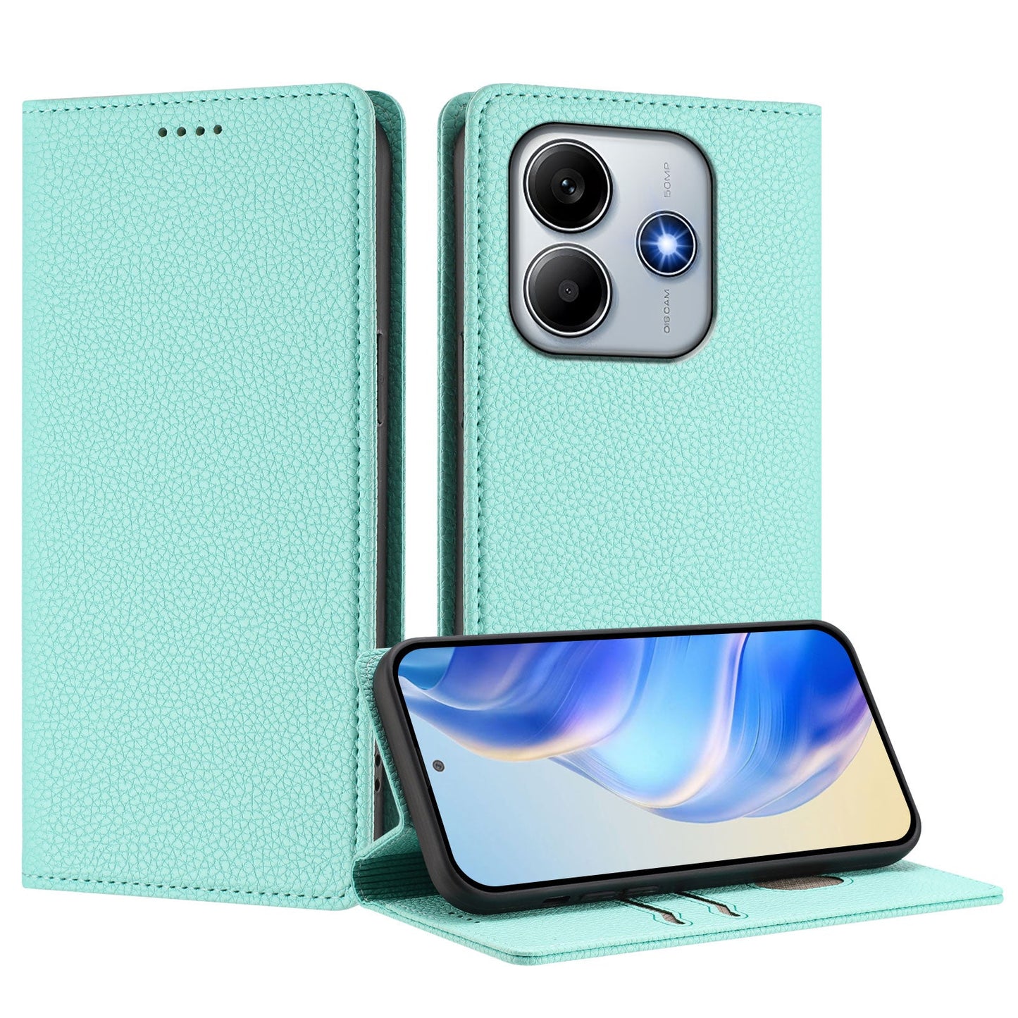 For Xiaomi Redmi Note 14 5G Wallet Case RFID Blocking Litchi Texture Leather Mobile Cover - Mint Green