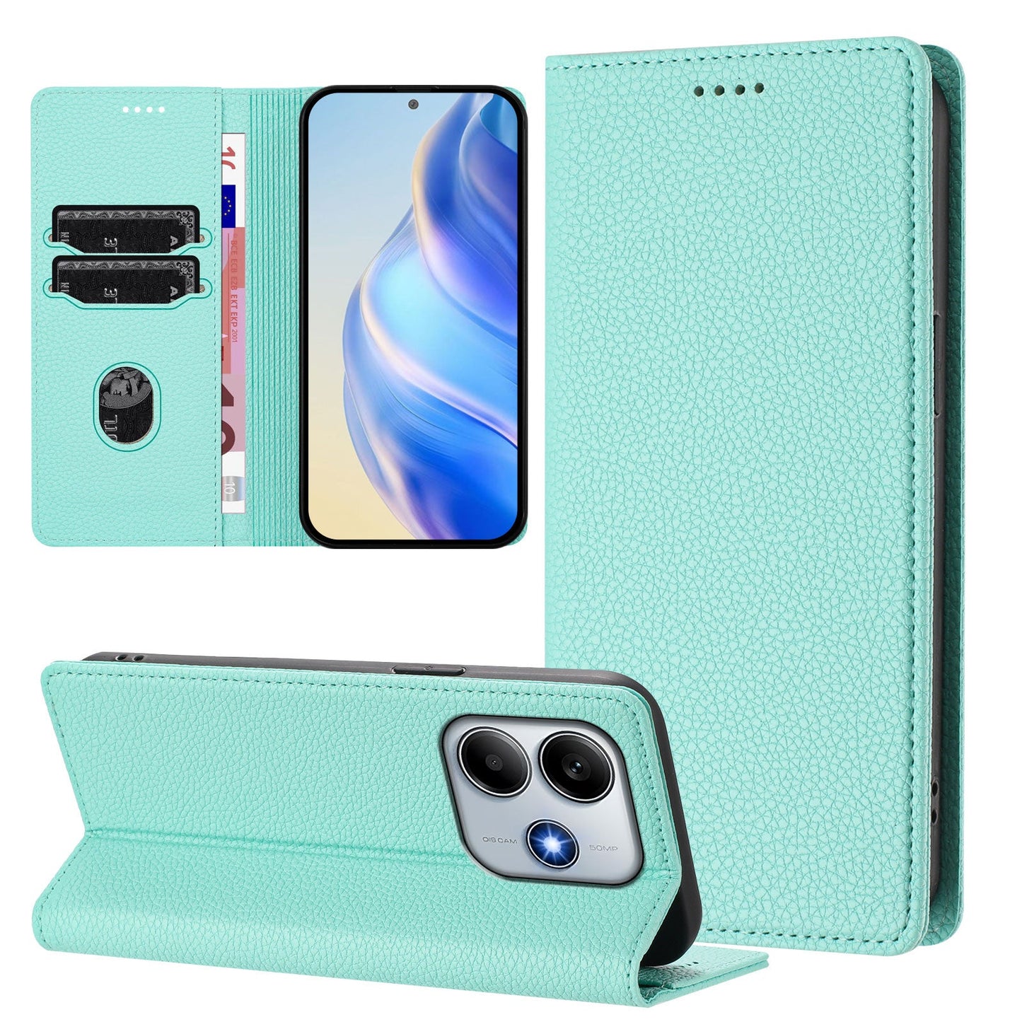 For Xiaomi Redmi Note 14 5G Wallet Case RFID Blocking Litchi Texture Leather Mobile Cover - Mint Green