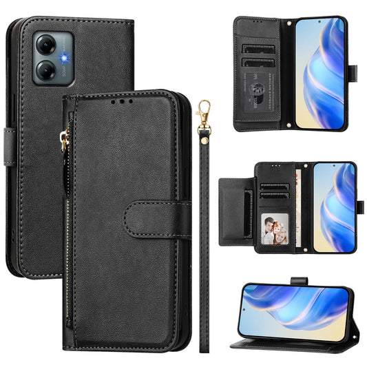 For Motorola Moto G Play (2025) 4G Case Zipper Pocket Multiple Card Slots Leather Phone Cover - Black