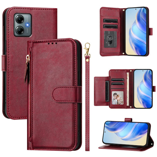For Motorola Moto G Play (2025) 4G Case Zipper Pocket Multiple Card Slots Leather Phone Cover - Red