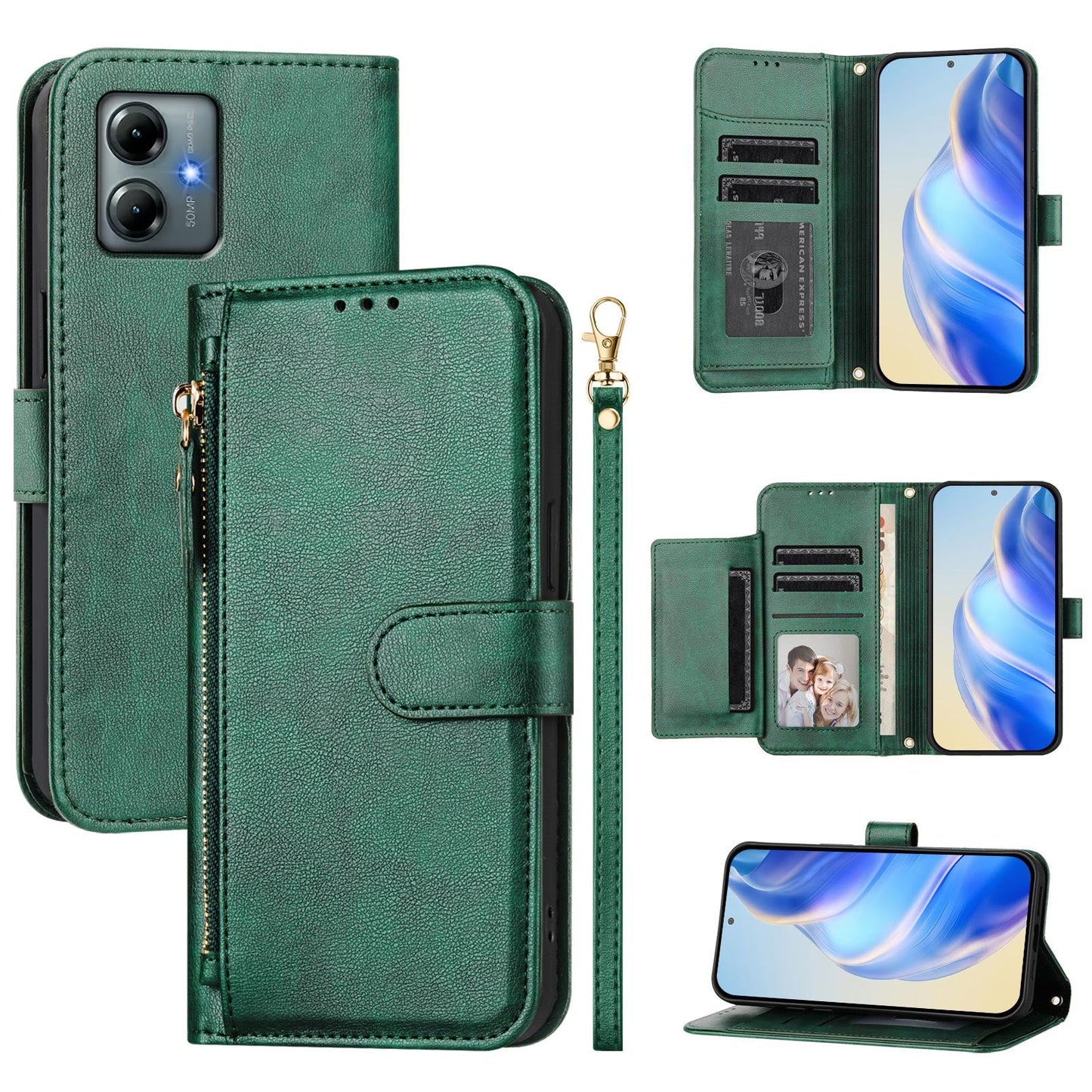 For Motorola Moto G Play (2025) 4G Case Zipper Pocket Multiple Card Slots Leather Phone Cover - Green