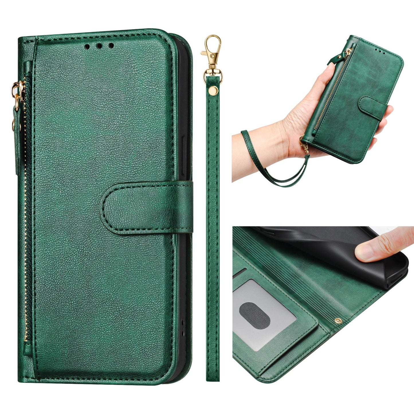 For Motorola Moto G Play (2025) 4G Case Zipper Pocket Multiple Card Slots Leather Phone Cover - Green
