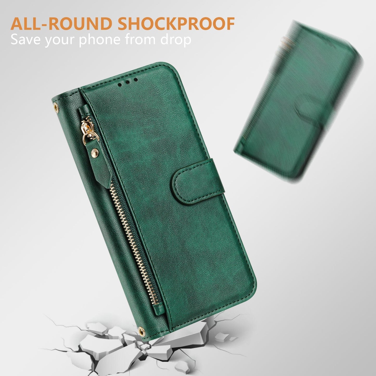 For Motorola Moto G Play (2025) 4G Case Zipper Pocket Multiple Card Slots Leather Phone Cover - Green