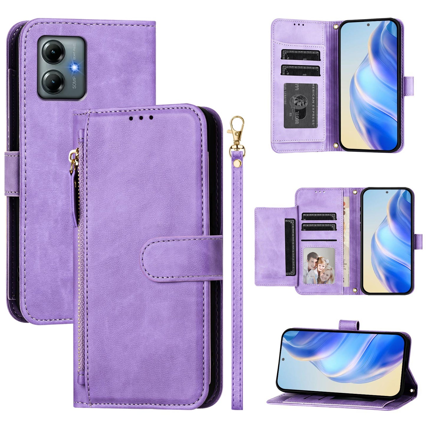 For Motorola Moto G Play (2025) 4G Case Zipper Pocket Multiple Card Slots Leather Phone Cover - Purple