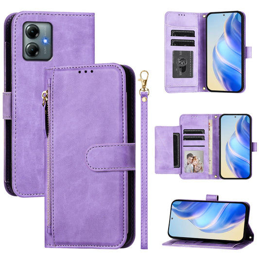 For Motorola Moto G Play (2025) 4G Case Zipper Pocket Multiple Card Slots Leather Phone Cover - Purple