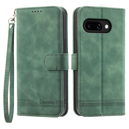 DIERFENG DF-03 For Google Pixel 9a Leather Case Lines Imprint Wallet Phone Cover - Green