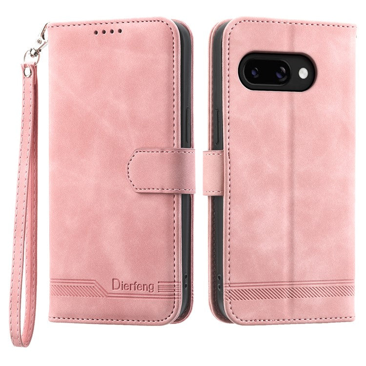 DIERFENG DF-03 For Google Pixel 9a Leather Case Lines Imprint Wallet Phone Cover - Pink