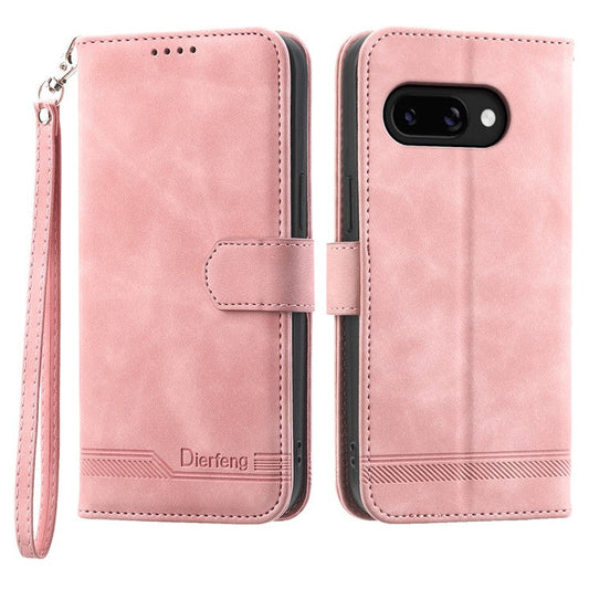 DIERFENG DF-03 For Google Pixel 9a Leather Case Lines Imprint Wallet Phone Cover - Pink