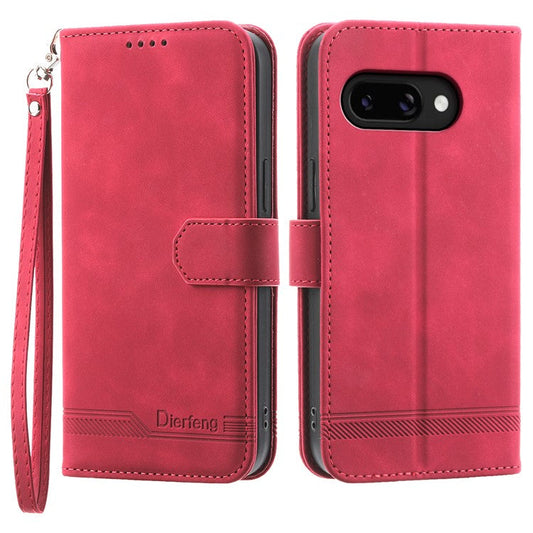 DIERFENG DF-03 For Google Pixel 9a Leather Case Lines Imprint Wallet Phone Cover - Red