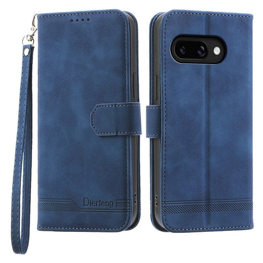 DIERFENG DF-03 For Google Pixel 9a Leather Case Lines Imprint Wallet Phone Cover - Blue