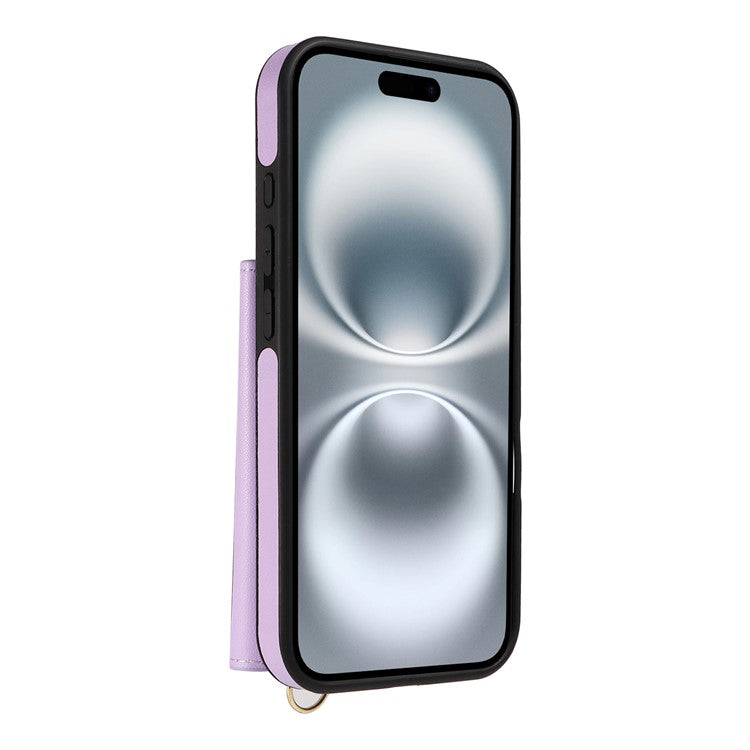 For iPhone 16 Crossbody Phone Case Card Holder Kickstand Leather Coated TPU Mobile Cover - Purple